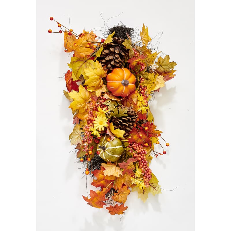 25" Artificial Fall Leaves, Pumpkins and Pine Cones Teardrop Swag - 25