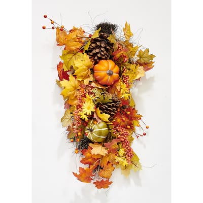 25" Artificial Fall Leaves, Pumpkins and Pine Cones Teardrop Swag - 25