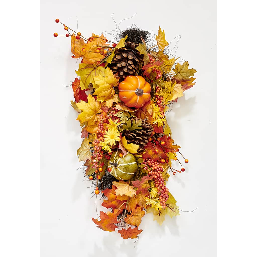 25" Artificial Fall Leaves, Pumpkins and Pine Cones Teardrop Swag - 25