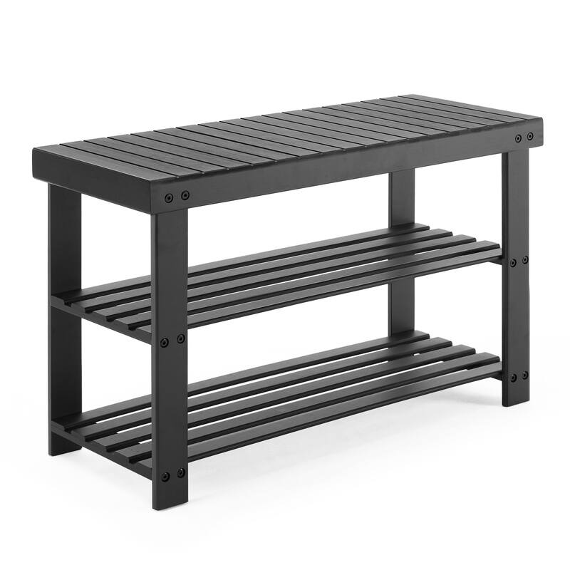3-Tier Bamboo Shoe Rack Bench with Storage, Black, Brown, Wood - Black