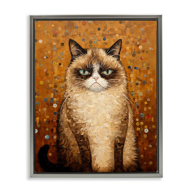 Stupell Grumpy Klimt Cat Framed Floater Canvas Wall Art Design By Arlington Prints - 17 x 21 - Grey