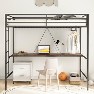 Twin Size Loft Bed with Cinnamon Wood Desk and Closet Rod