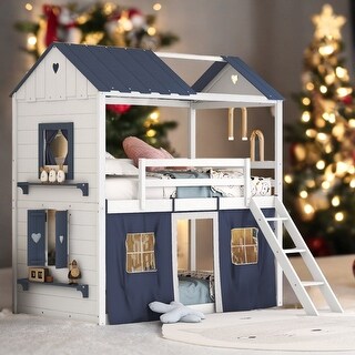 Playhouse Design Impression & Beautiful Twin Size Bunk Wood House Bed with Elegant Windows,Sills and Tent,Elegant Children Bed