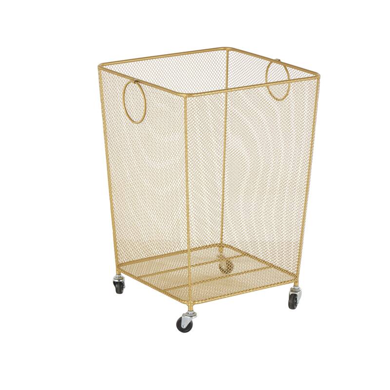 Metal Square Mesh Wire Rolling Laundry Storage Cart with Ring Handles - Black or Gold - Roche River Decor