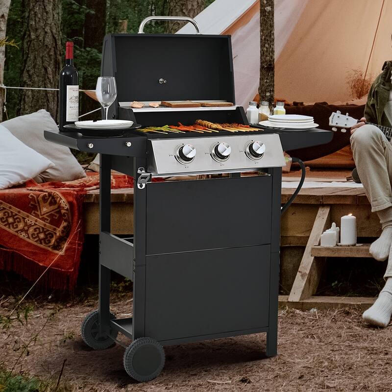 3-Burner Outdoor Portable Propane Gas Grill w/Top Cover Lid & 2-Wheel - Propane Gas - Black