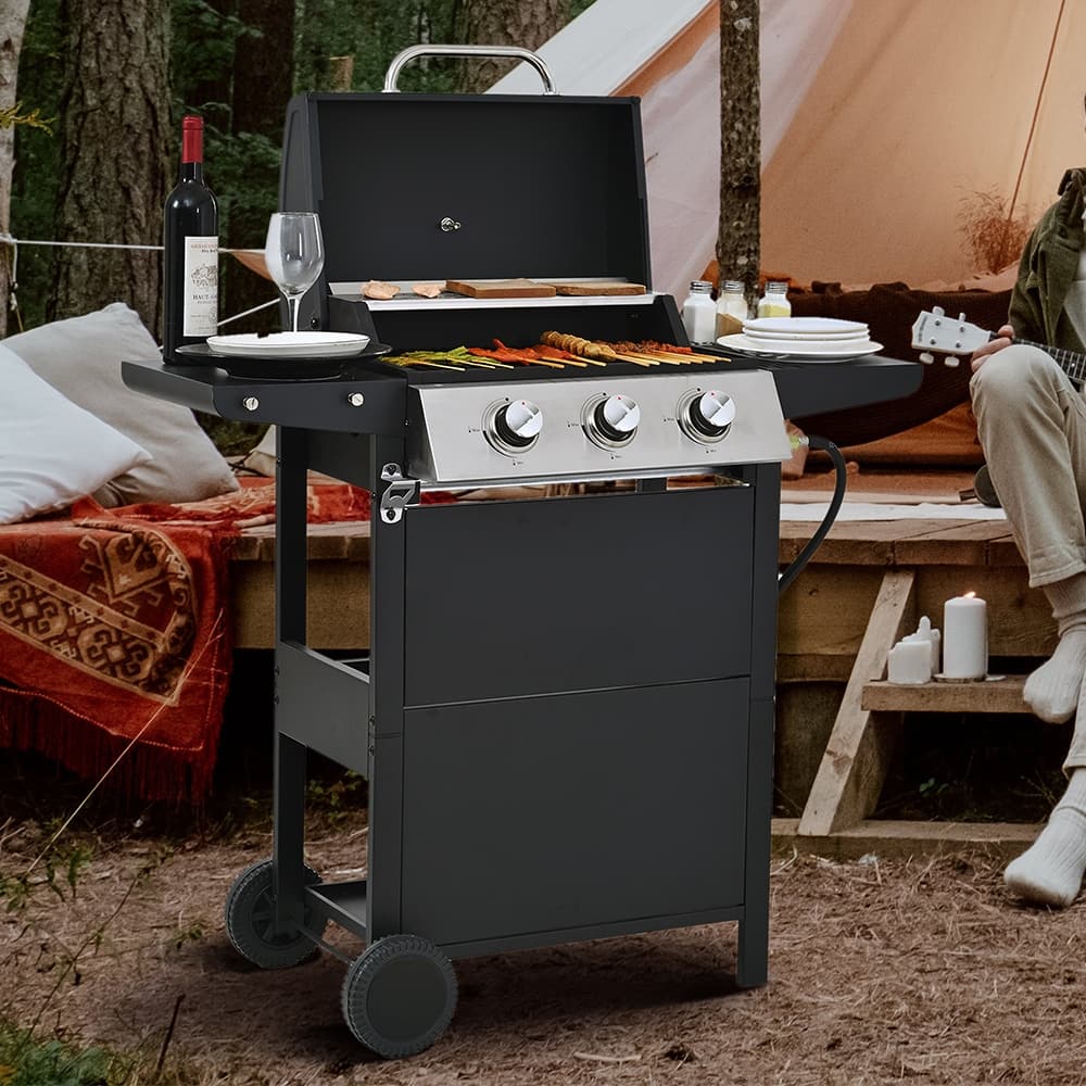 3-Burner Outdoor Portable Propane Gas Grill w/Top Cover Lid & 2-Wheel