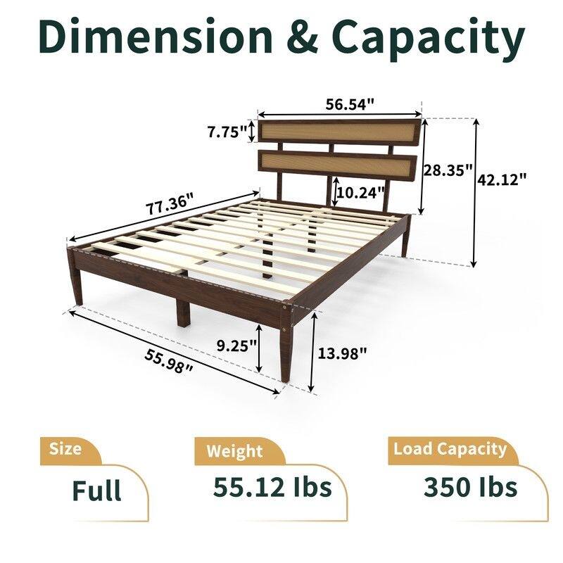 Solid Wood Full Bed Frame Platform Bedframe with Rattan Headboard