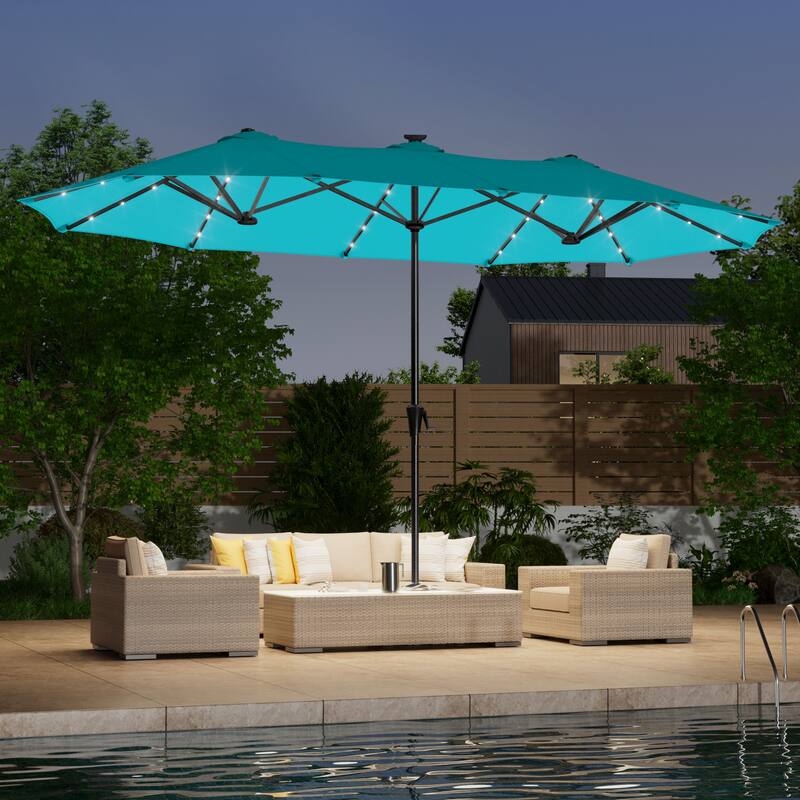LIVOOSUN 13 x 7.2ft Large LED Double-Sided Rectangular Outdoor Patio Market Umbrella with Crank, Solar Panel, Navy Blue - Lake Blue
