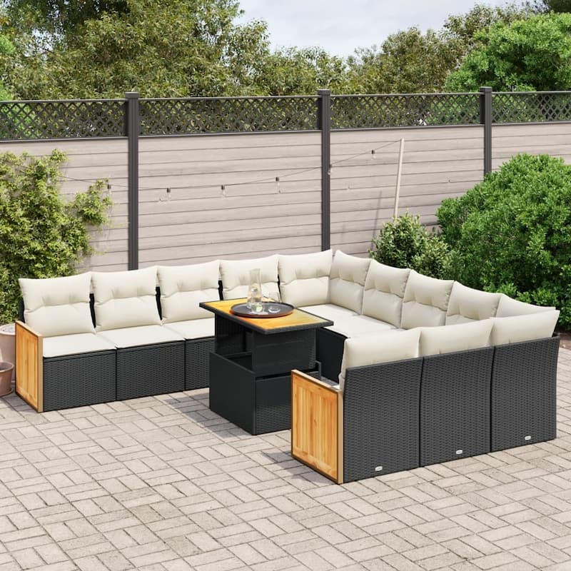vidaXL Patio Sofa Set with Cushions Outdoor Furniture 11 Piece Poly Rattan - 21.7 x 39.4 x 28.7 in - Black and cream