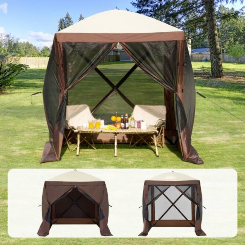 6x6FT Pop Up Gazebo Tent with Mesh Sides & Removable Wind Panels - Brown