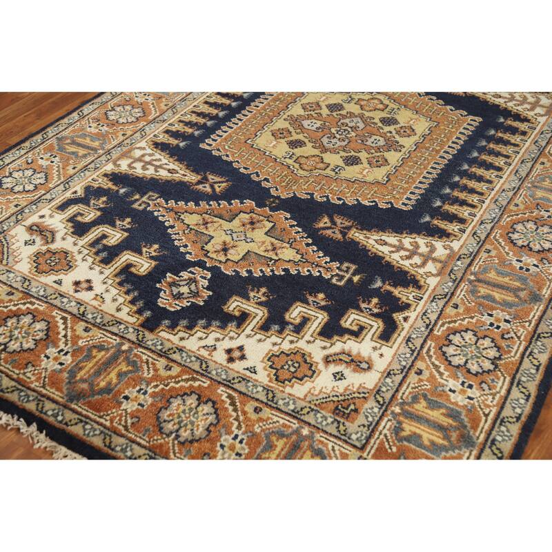 Geometric Navy Blue Viss Indian Area Rug Handmade Wool Carpet - 5'10" x 8'10"
