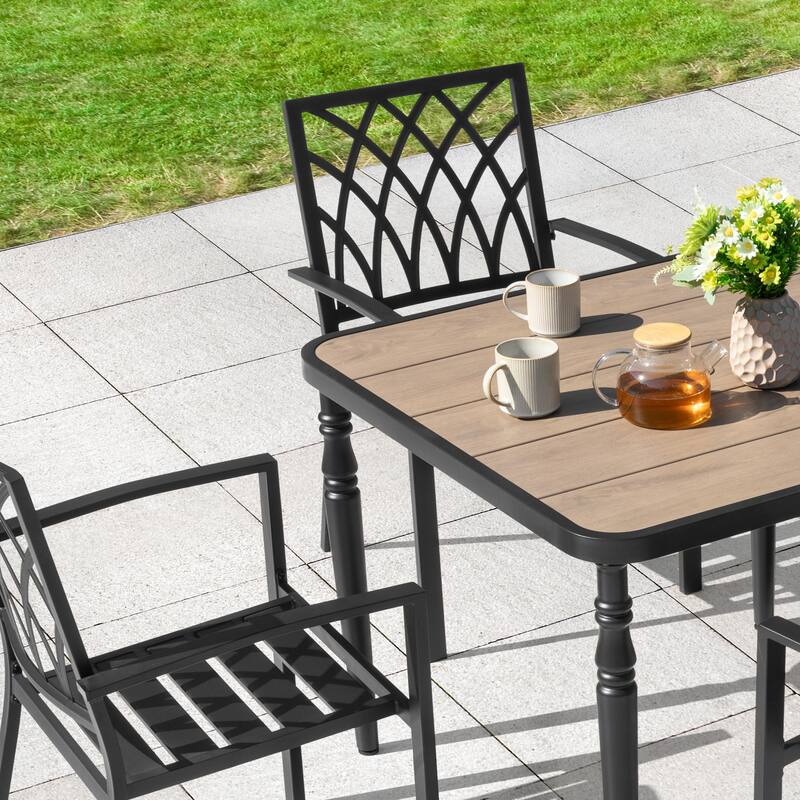 5PCS Patio Stackable Dining Set, Umbrella Hole and Wood-Grain Tabletop