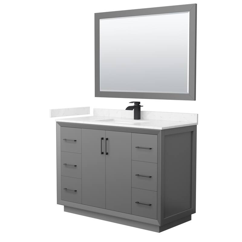 Strada 48-Inch Single Vanity Set, Cultured Marble Top, 46-Inch Mirror - Dark Gray, Black Trim, Carrara Cultured Marble Top