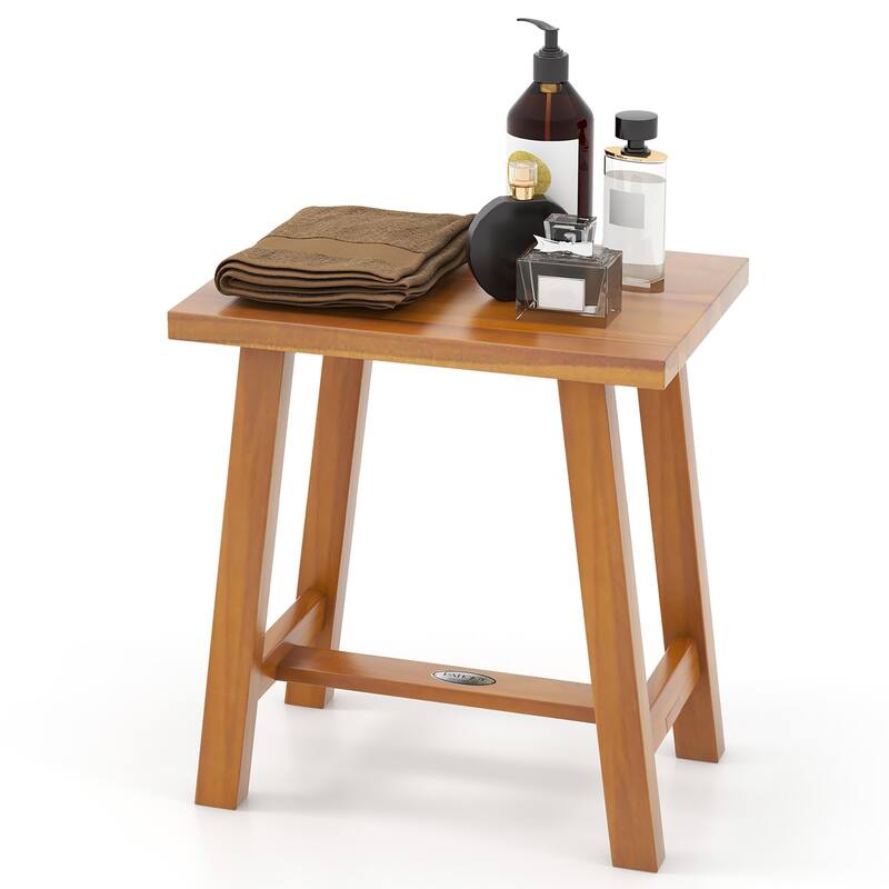 Gymax Teak Shower Bench Bathroom Shower Stool for Shaving Legs & Spa - Brown - Wood Finish