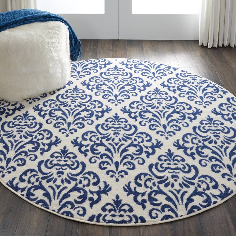 Nourison Grafix Geometric Persian Transitional Area Rug - 8' Round - White Blue - Runner/Round
