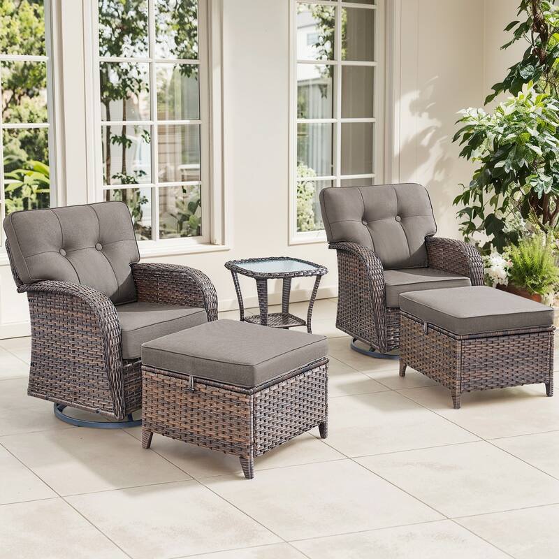 Gymojoy 5-Piece Outdoor Wicker Swivel Chair Set with Ottomans & Side Table, 5" Thick Cushions