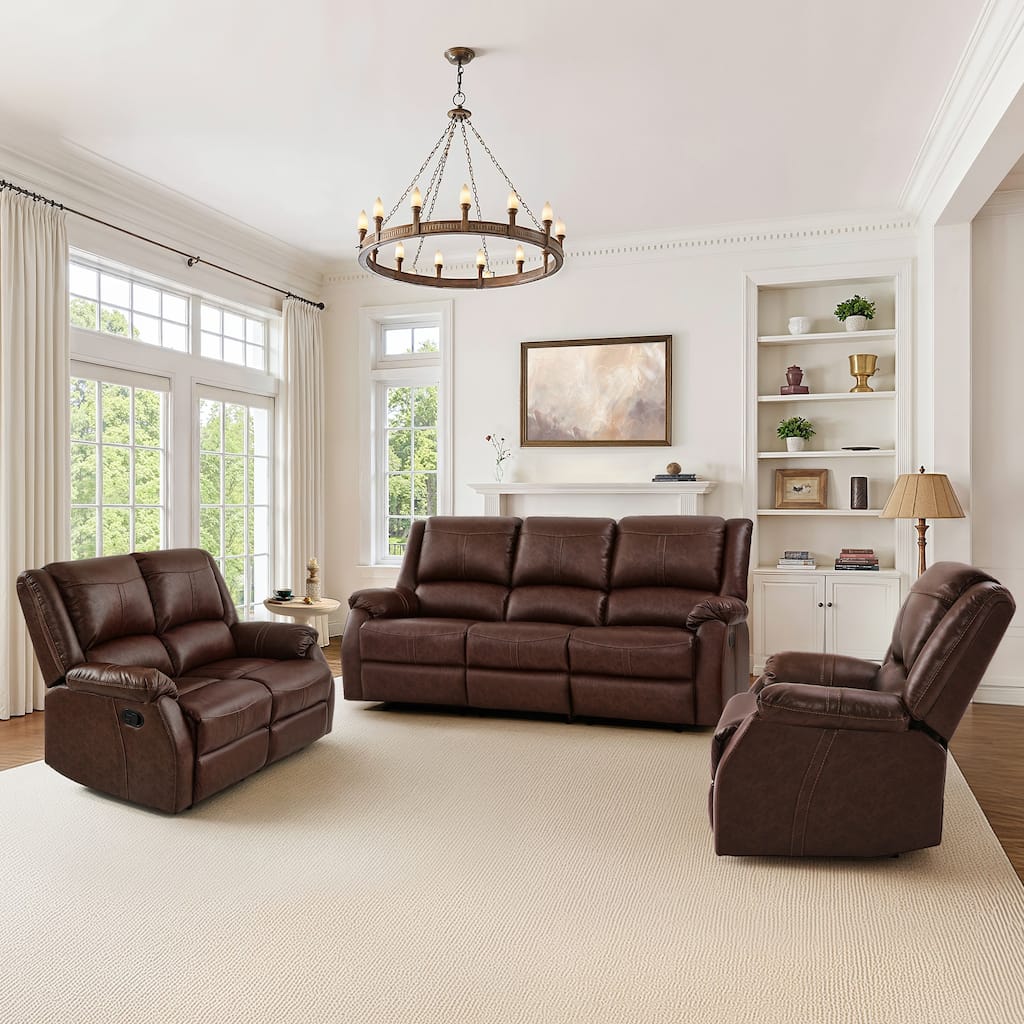 3-Piece Faux Leather Upholstered Recliner Sofa Set,Manual Recliner Sofa,Recliner Chair,3 Piece Living Room Sets Furniture