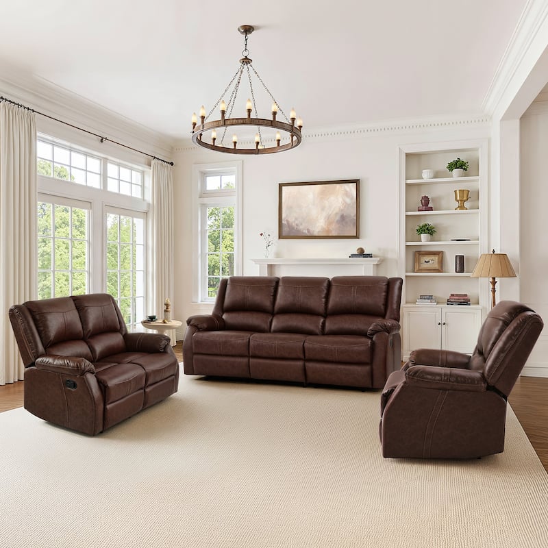 Manual 3-Piece Recliner Sofa Set, Modern Faux Leather Recliner Sofa, 3 Piece Couch Sets For Living Room - Dark brown