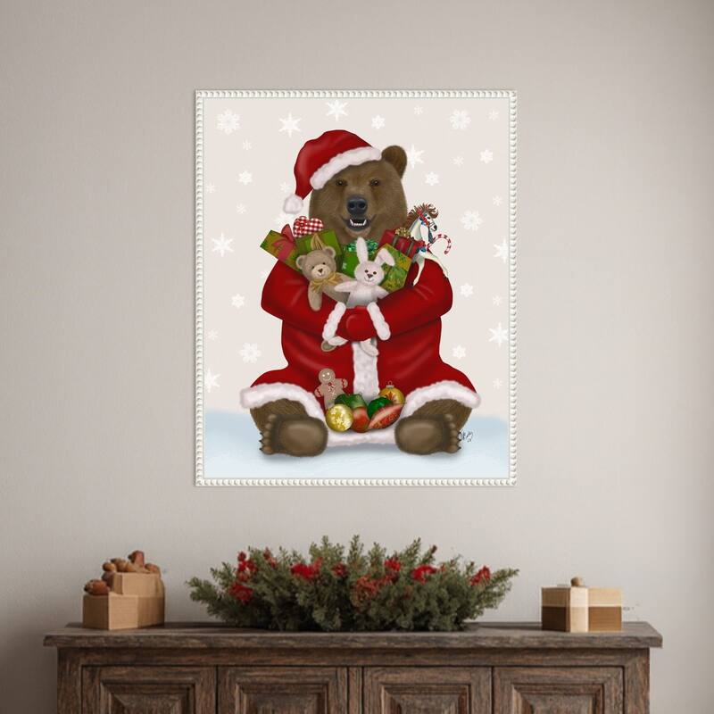 Christmas Christmas Present Bear Hug by Fab Funky (23 x 28 in.), Framed Canvas Wall Art Print - Sylvie Beaded White