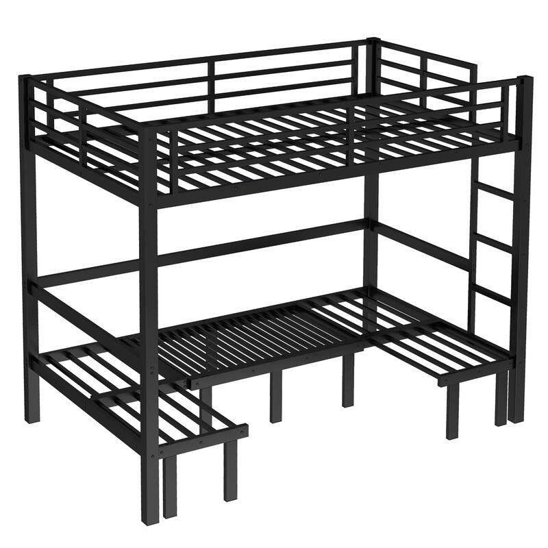 Roomfitters Full/Queen Metal Pull-Out Bunk Bed with 3-Section Expandable Lower Bunk & Safety Rails, Space-Saving Frame, Black