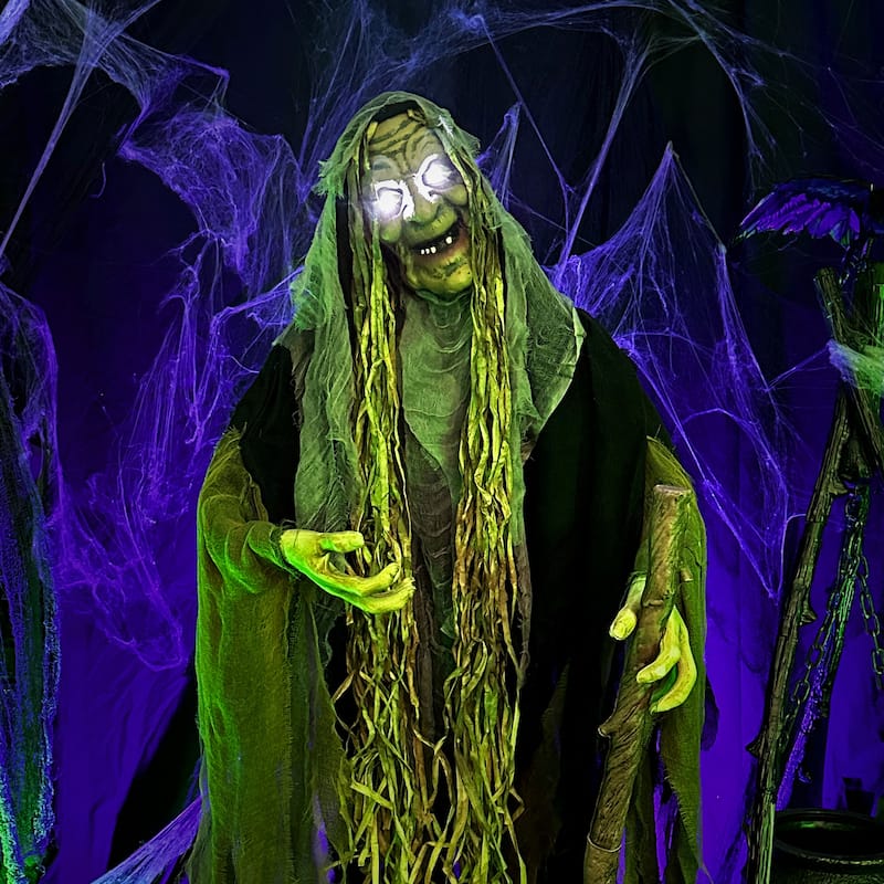 Haunted Hill Farm 5.7-Ft. Life-Size Talking Animatronic Witch with White Eyes