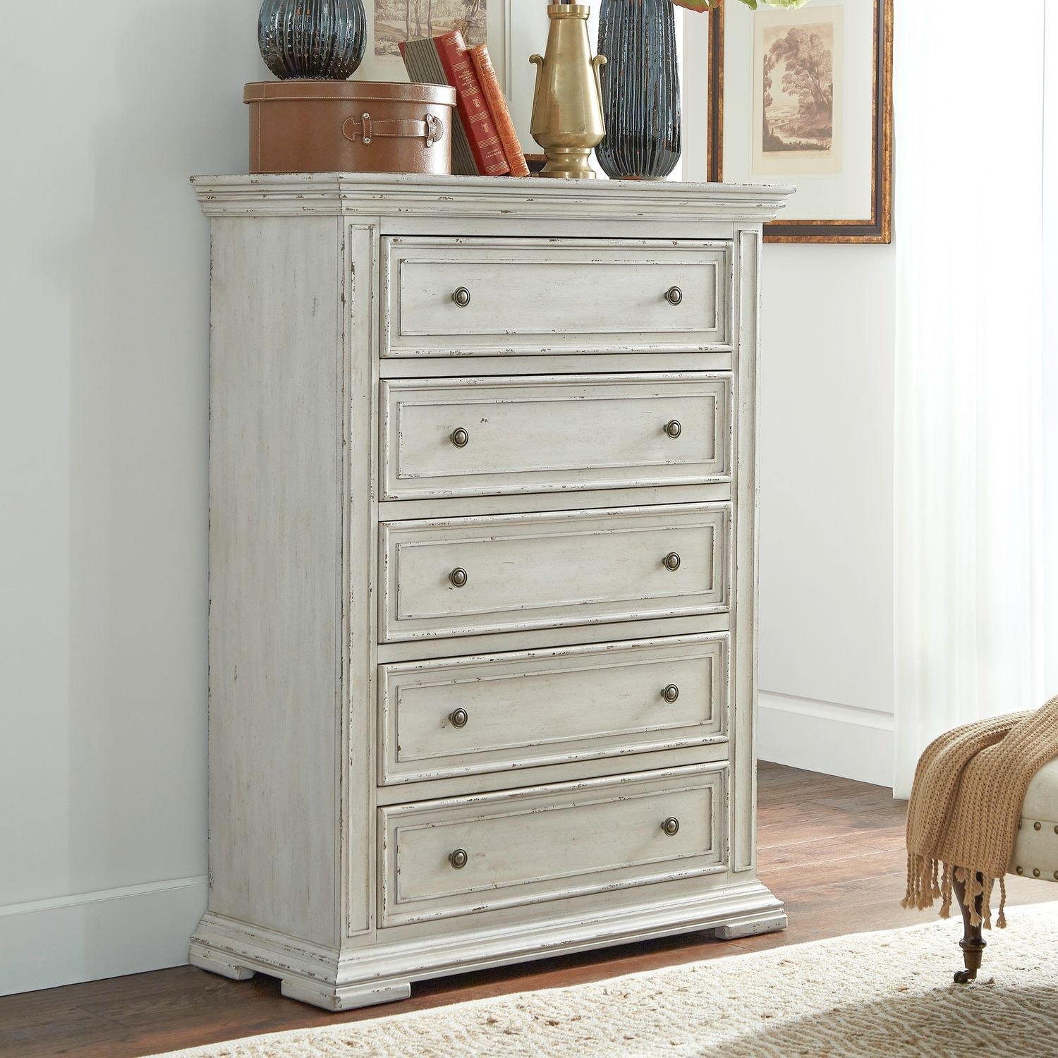 Liberty Furniture Big Valley Bedroom 5 Drawer Chest Whitestone with Heavy Distressing