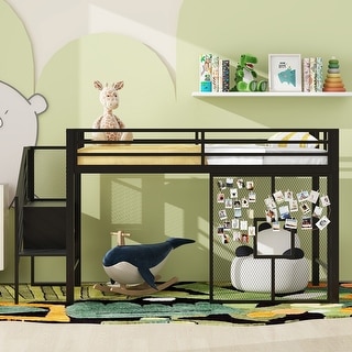 Metal Low Loft Bed Frame with Storage Staircase and Iron mesh