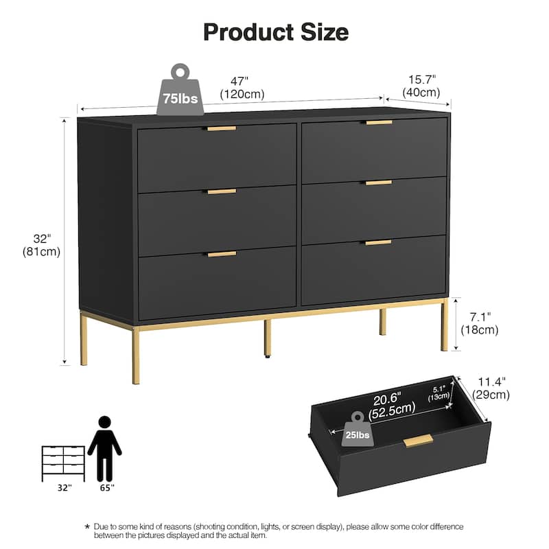 Anmytek Modern 6-Drawer Double Dresser Black Wood Chest of Drawers Storage Organizer for Bedroom