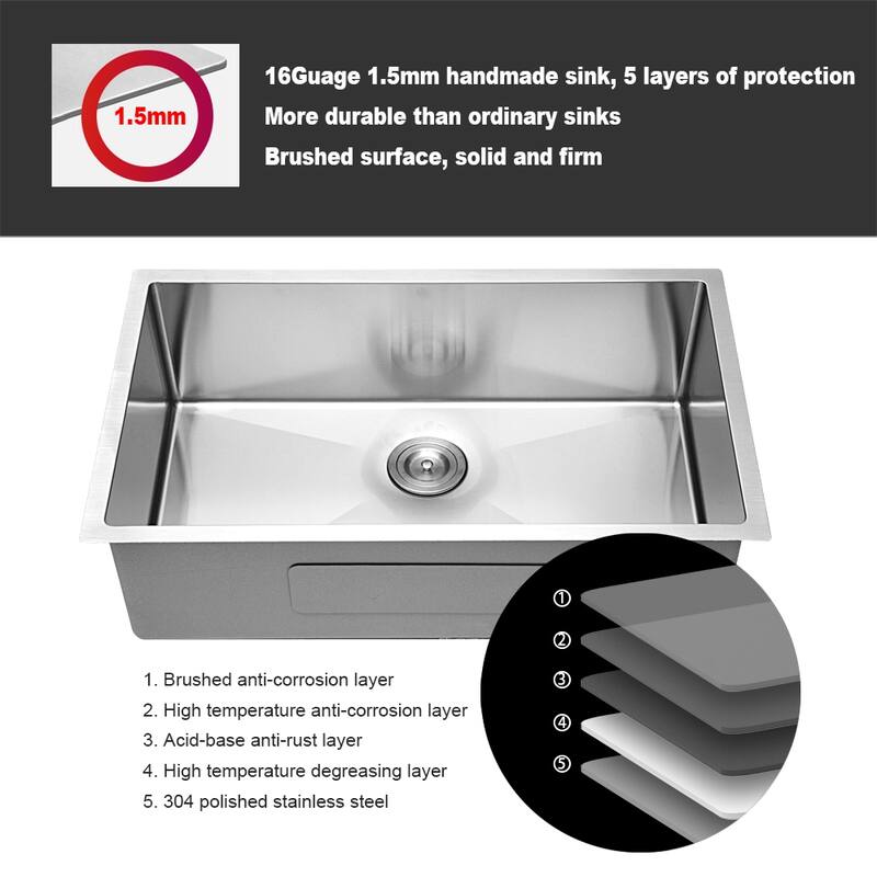Undermount Kitchen Sink 16 Gauge 9 Inch Deep Single Bowl Kitchen Sink Basin, Includes Drain Assembly (No Additional Accessories)