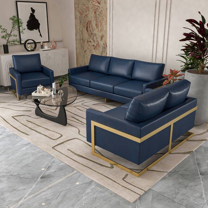 3-Piece Leather Sofa Set with Gold Stainless Steel Base and Removable Cushions