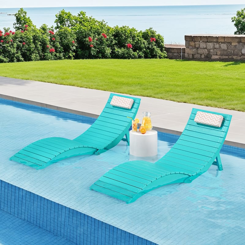 1-Piece Folding HDPS Plastic Outdoor Pool Chaise Lounge with Headrest Cushion - Aruba Blue
