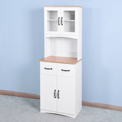 Wooden Kitchen Cabinet, Pantry Room Storage Microwave Cabinet with Framed Glass Doors and Drawer