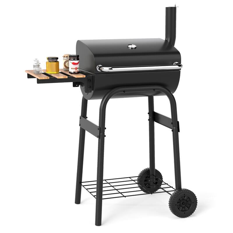 Gymax Barrel Charcoal Grill w/Foldable Side Table Built-in Thermometer - Metal