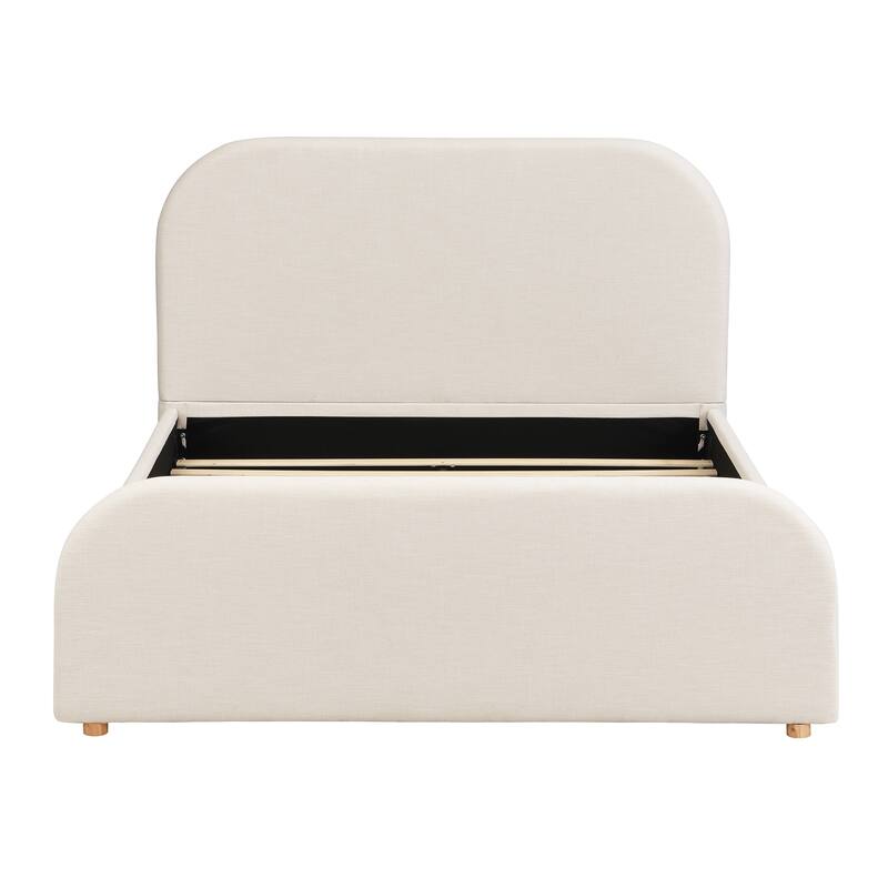 Queen Size Bed Frame with Linen Upholstered Headboard and Solid Wood Legs