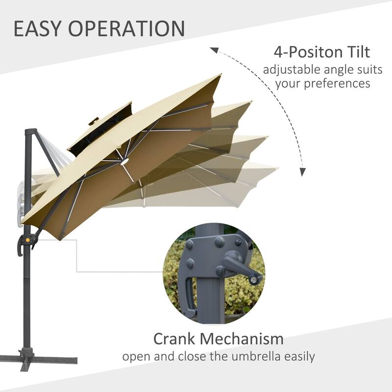 Cantilever Patio Umbrella 2 Tops Outdoor Umbrella with LED Light and Power Bank 360° Rotation Cross Base for Garden