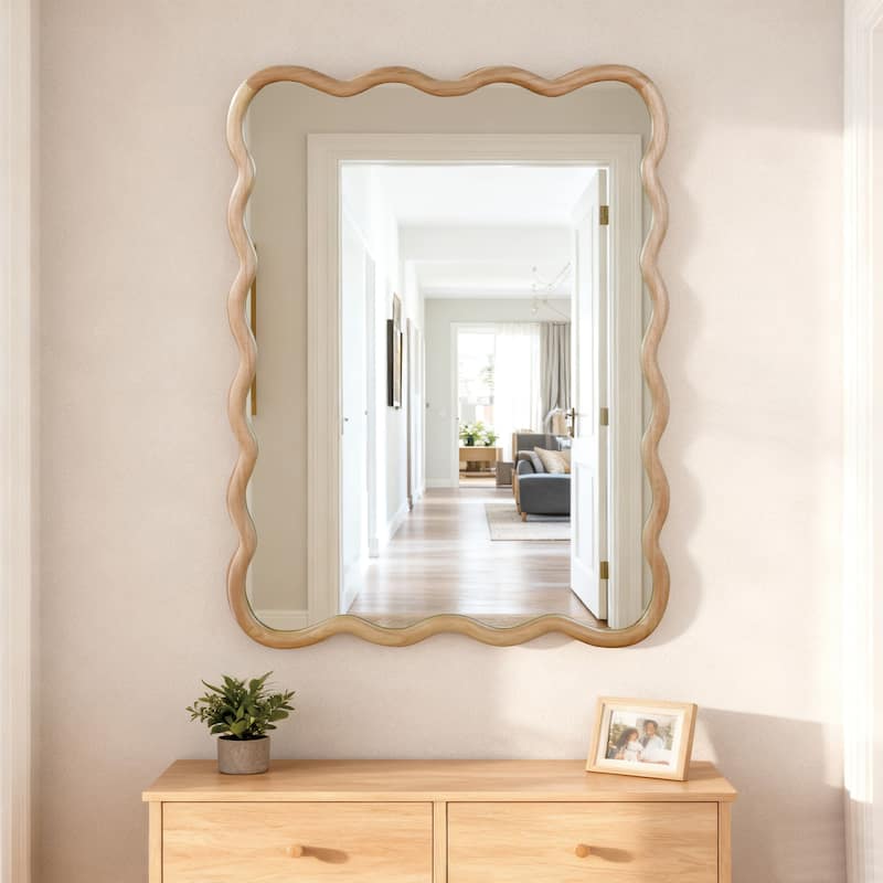 Wavy Rectangle Solid Wood Frame Decorative Mirror - Natural