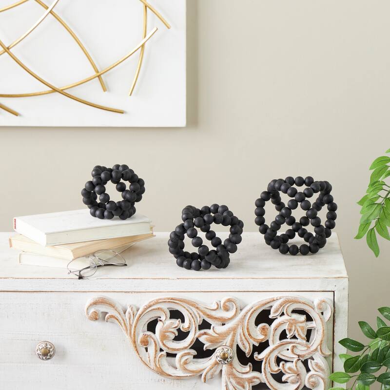 Black Wood Beaded Orbs & Vase Filler with Overlapping Rings (Set of 3) - Black