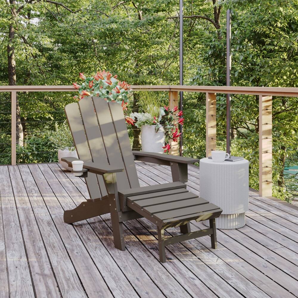 Commercial All-Weather Adirondack Chair with Pullout Ottoman & Cupholder