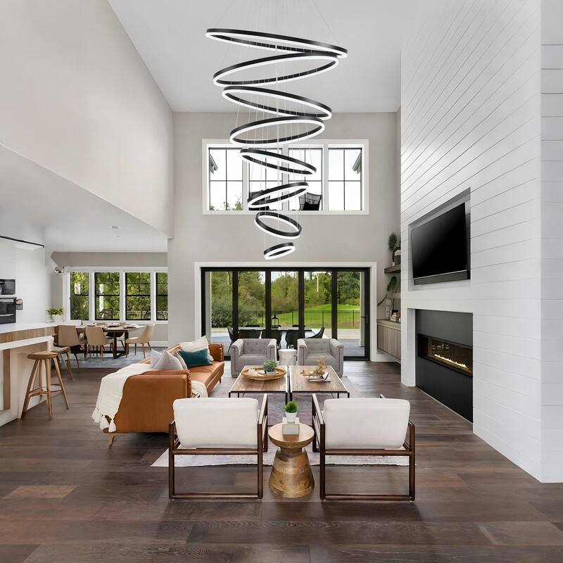 Modern LED Ring Chandelier - Remote Control Dimmable Pendant Lights for High Ceilings, Foyers & Living Rooms