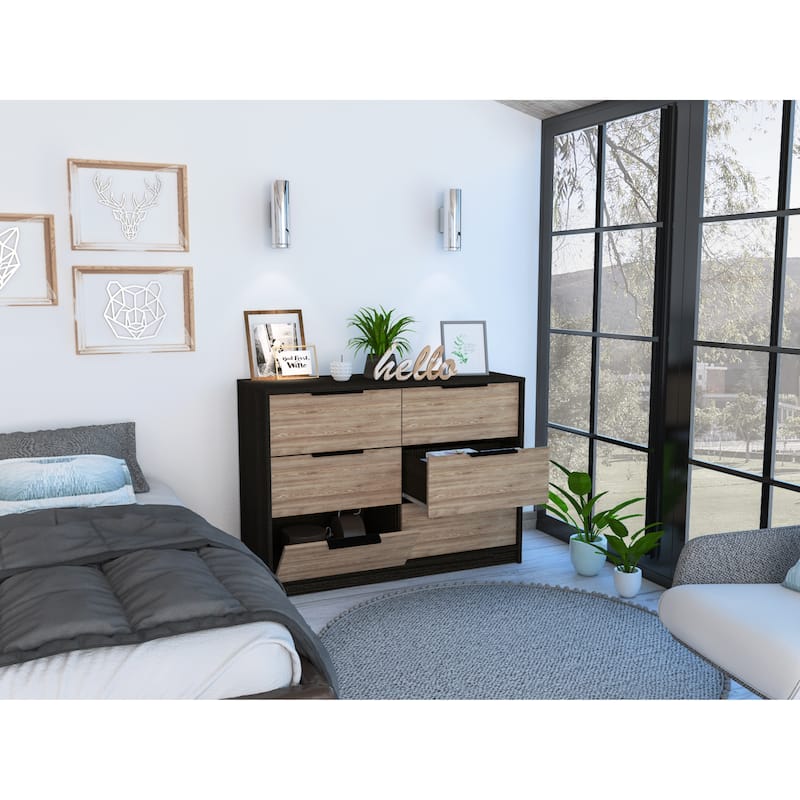 4 Drawer Double Dresser for Living Room ,Apartment, Bedroom, Black / Pine