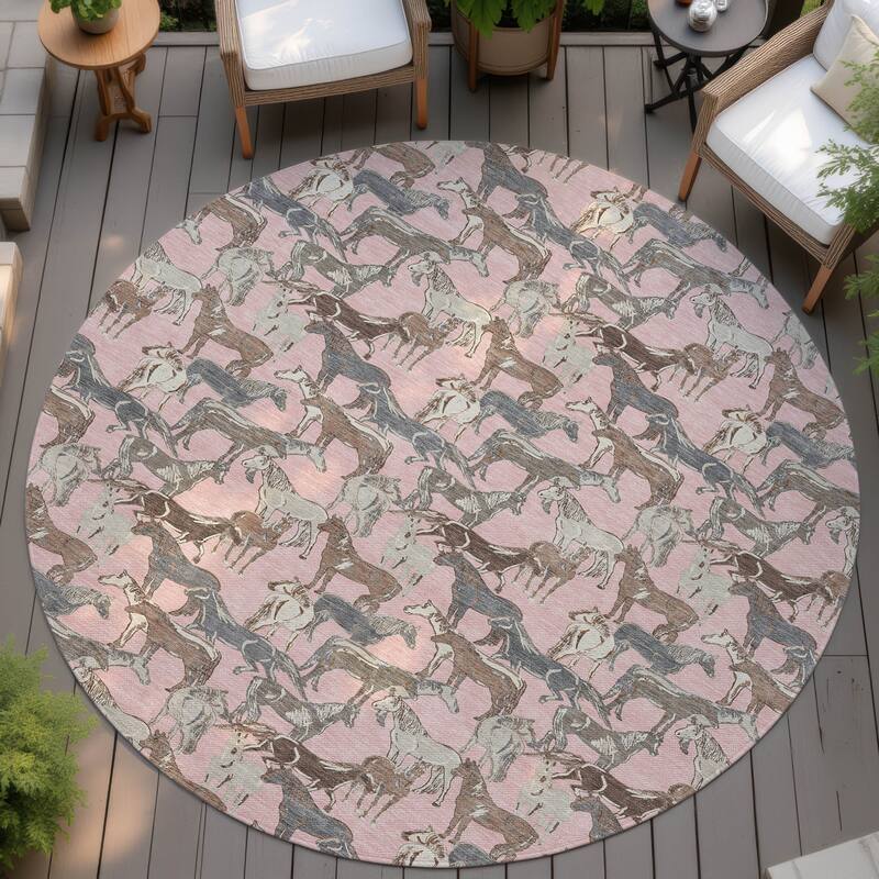 Machine Washable Indoor/ Outdoor Horse Herd Chantille Rug - Pink - 8' x 8'