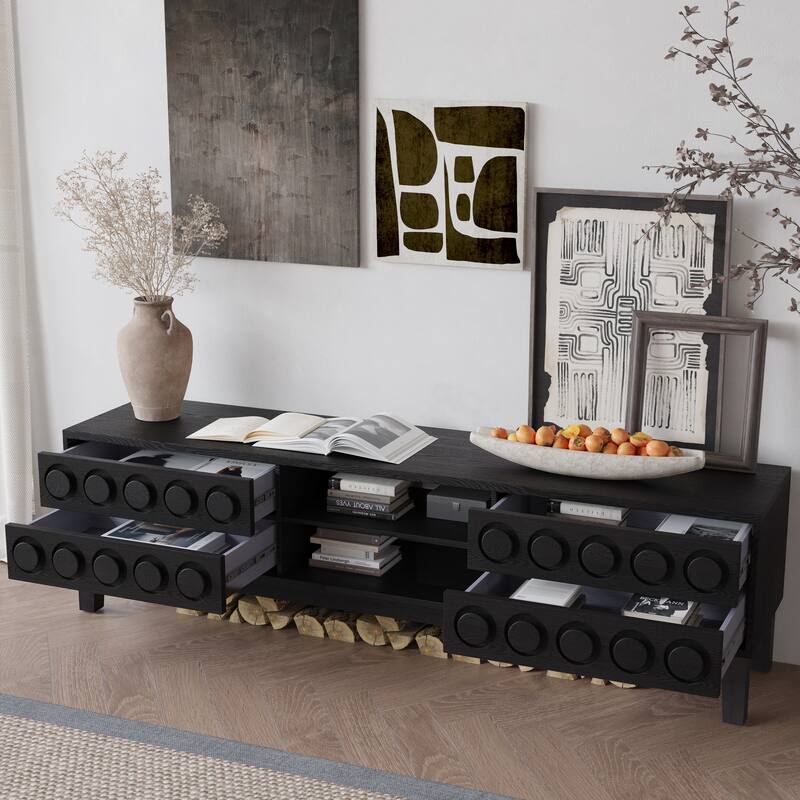Modern Mid-Century TV Stand, for TVs Up to 75" with 4 Drawers and Cable Management, for Living Room and Office, Black