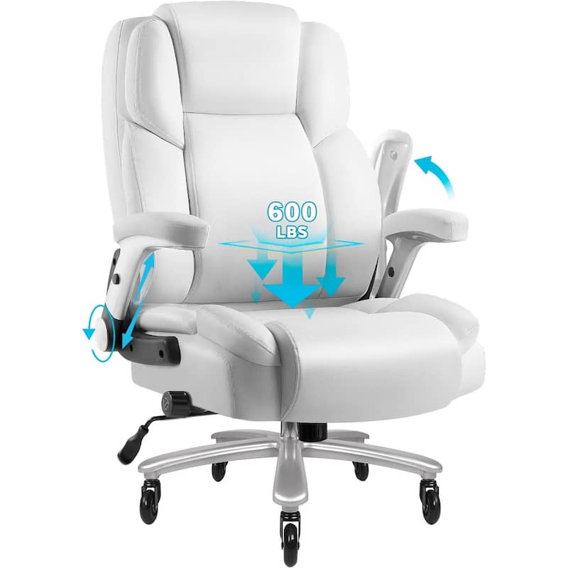 BOSSIN 600lbs Big and Tall Office Leather Chair with Flip up Armrest, Ergonomic Lumbar Support and Quiet Rubber Wheel - White