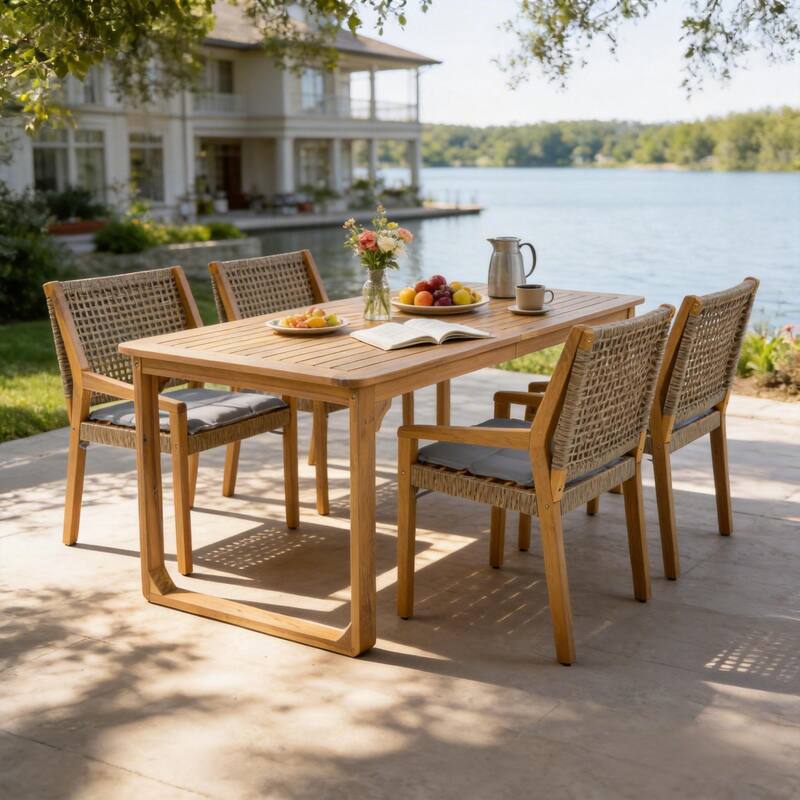 Christopher Knight Home - Ronan Outdoor Acacia Wood Dining Set with Wicker Back Chairs & Curved Leg Dining Table, Teak Finish