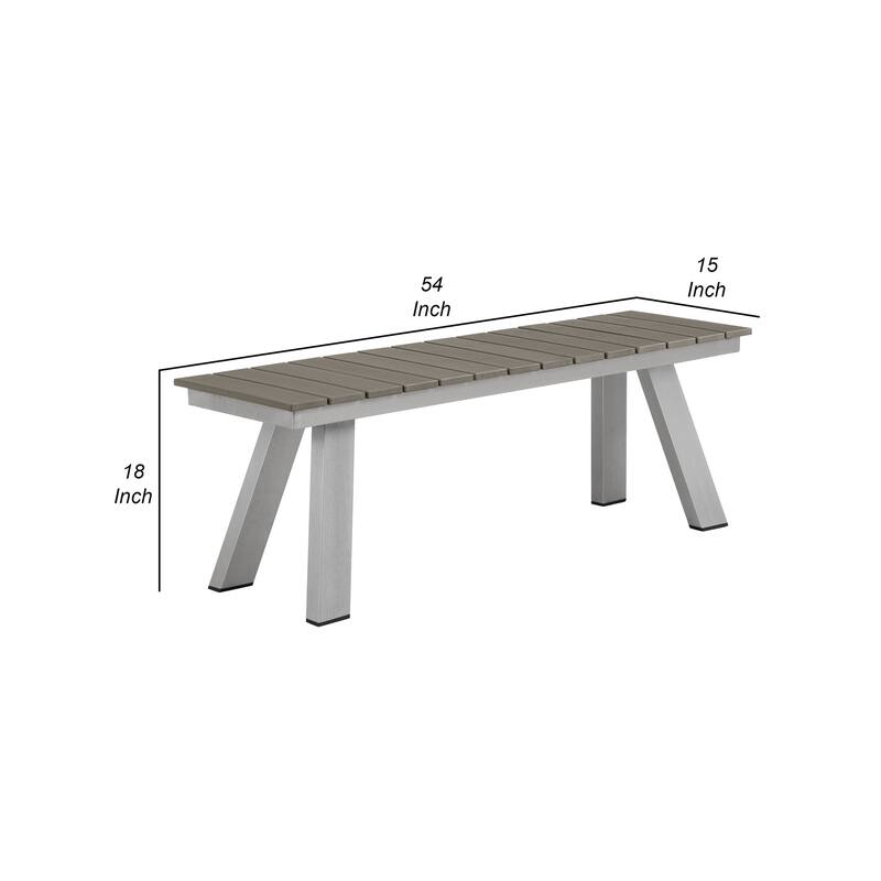 Zia 54 Inch Outdoor Dining Bench, Gray Polyresin Top, Gray Aluminum Frame