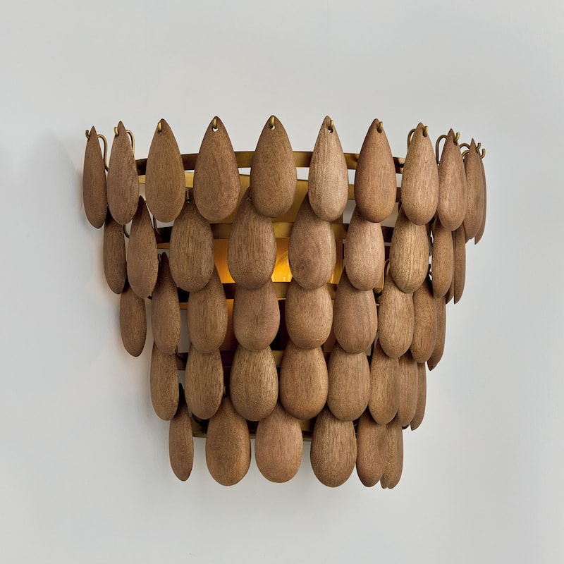 11.5" H x 13.5" W 1-Light Flush Mount Sconce in Hand-distressed Patinaed Brass and Handcrafted Mango Wood - 13.75"W x 12"H x 8"E