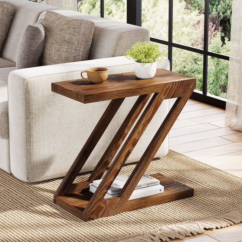 2-Tier Narrow End Table, Solid Wood Side Table