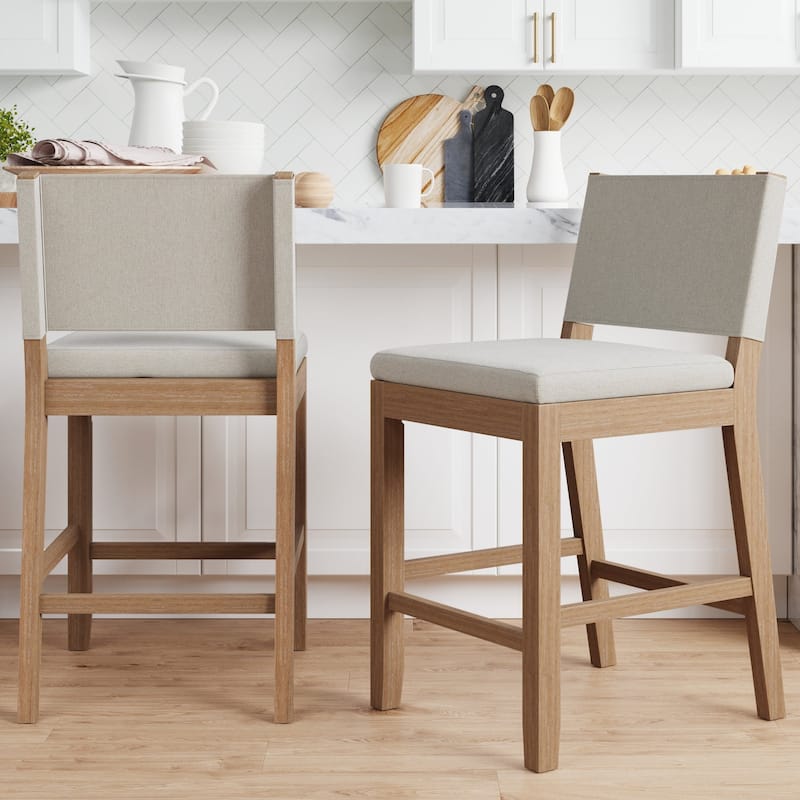 Nathan James Linus Modern Upholstered Bar Stool with Back and Solid Rubberwood Legs - Set of 2 - Natural Flax/Brown - Counter Height - 23-28 in.