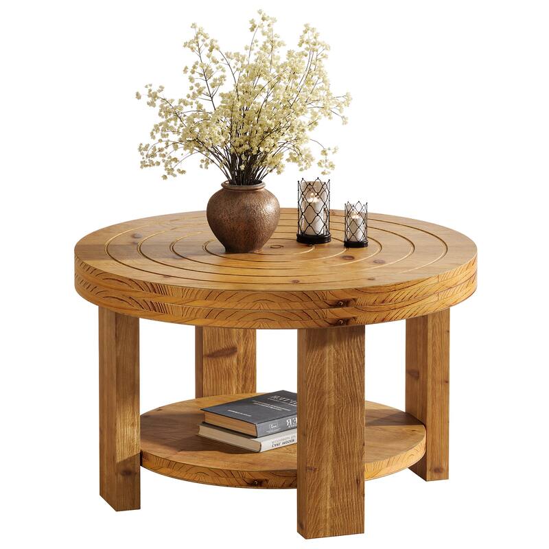 31.5" Round Coffee Table, 2-Tier Farmhouse Solid Wood Coffee Table