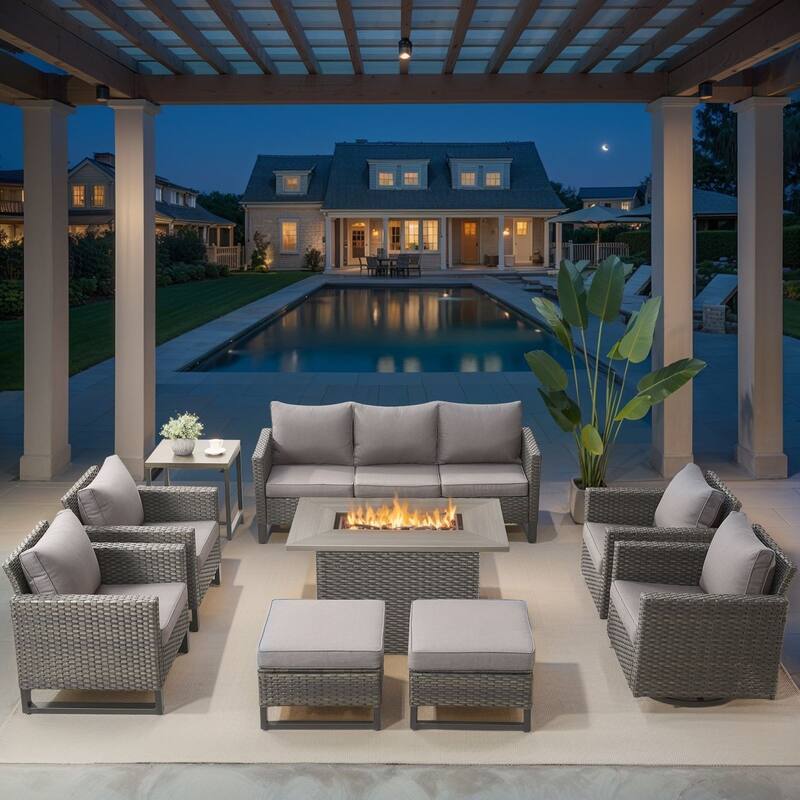 Outdoor Fire Pit Table with Patio Funiture - Brwon Wicker Grey Cushion - 9PCS Sofa Chair Ottoman w/ Fire Table